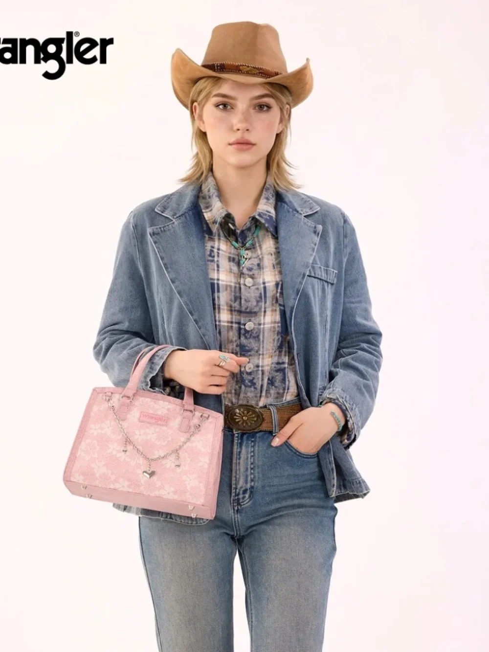 Wrangler Western Chic Lace with Chain Charm Satchel/Crossbody Bag Pink